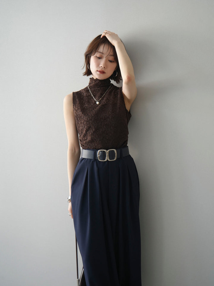 [予約]ノースリーブプチネックフラワージャガードトップス/brown