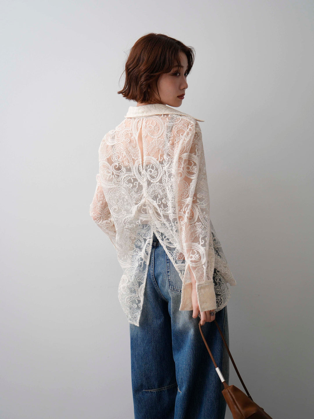 【套裝】薄紗佩斯利刺繡長袖襯衫+修身牛仔褲（兩件式）