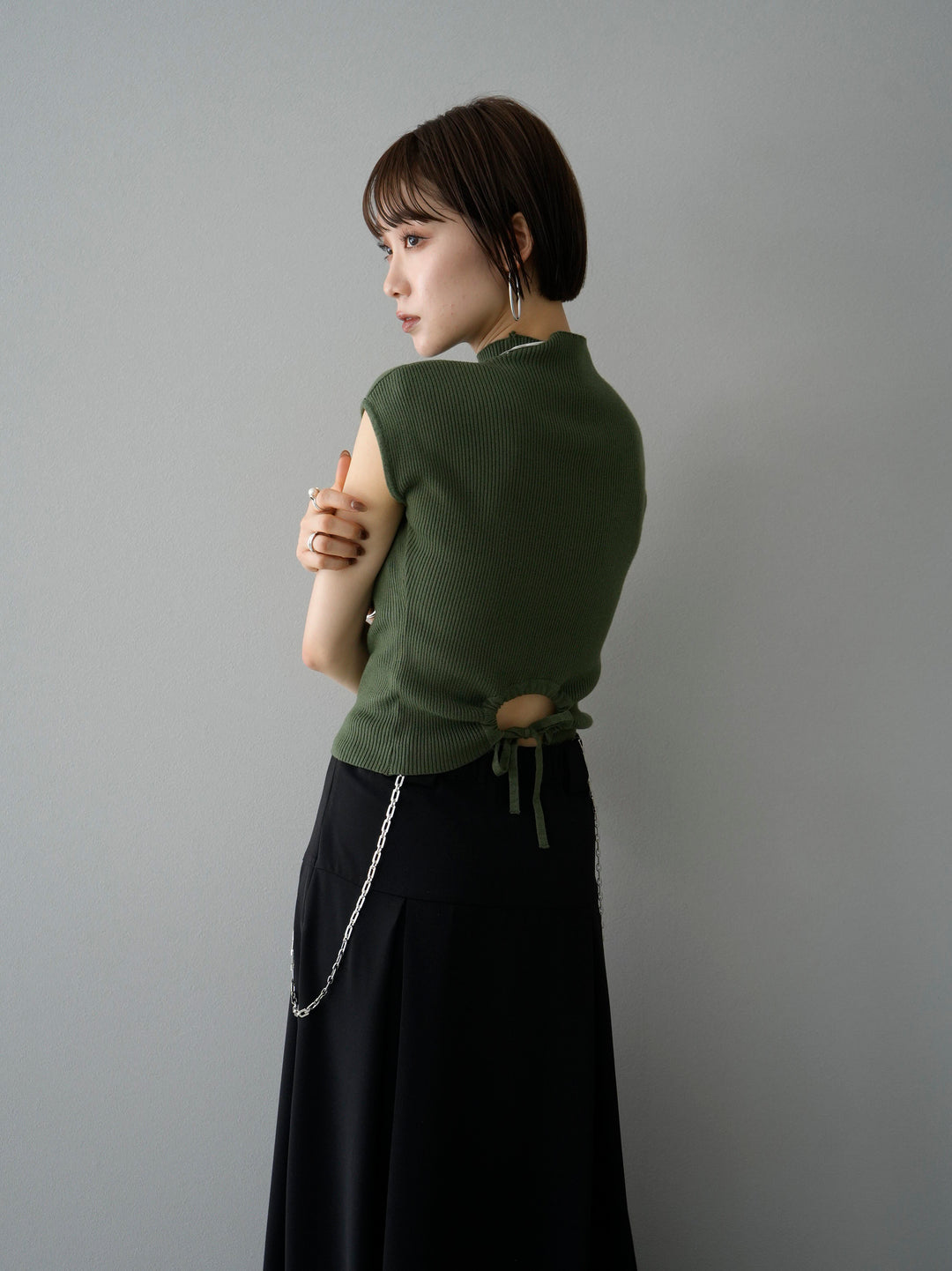 [SET] Backround open rib knit + petite neck center seam sleeveless knit top (2set)
