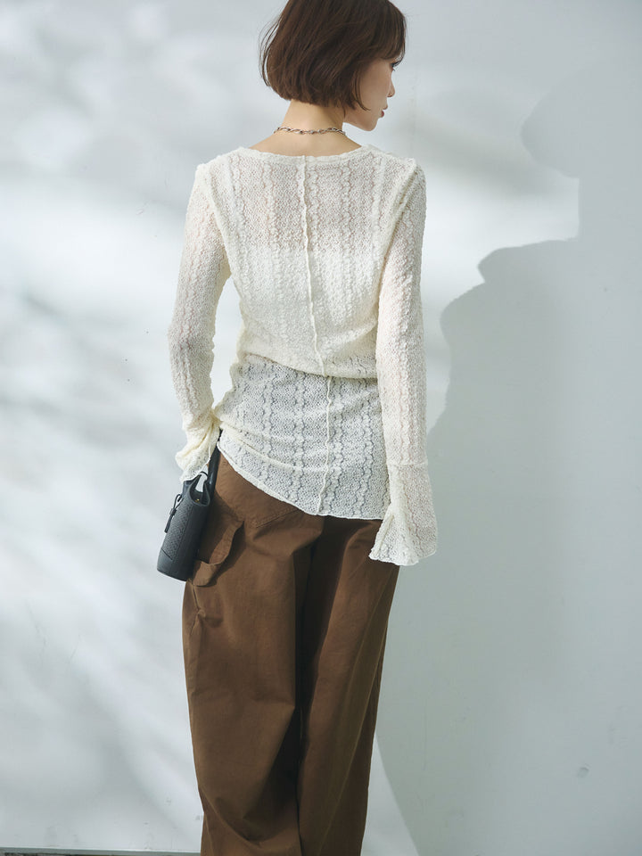 【Allure】[SET]ストレッチレースカーディガン+カットオフコットンツイルタックワイドパンツ(2set)