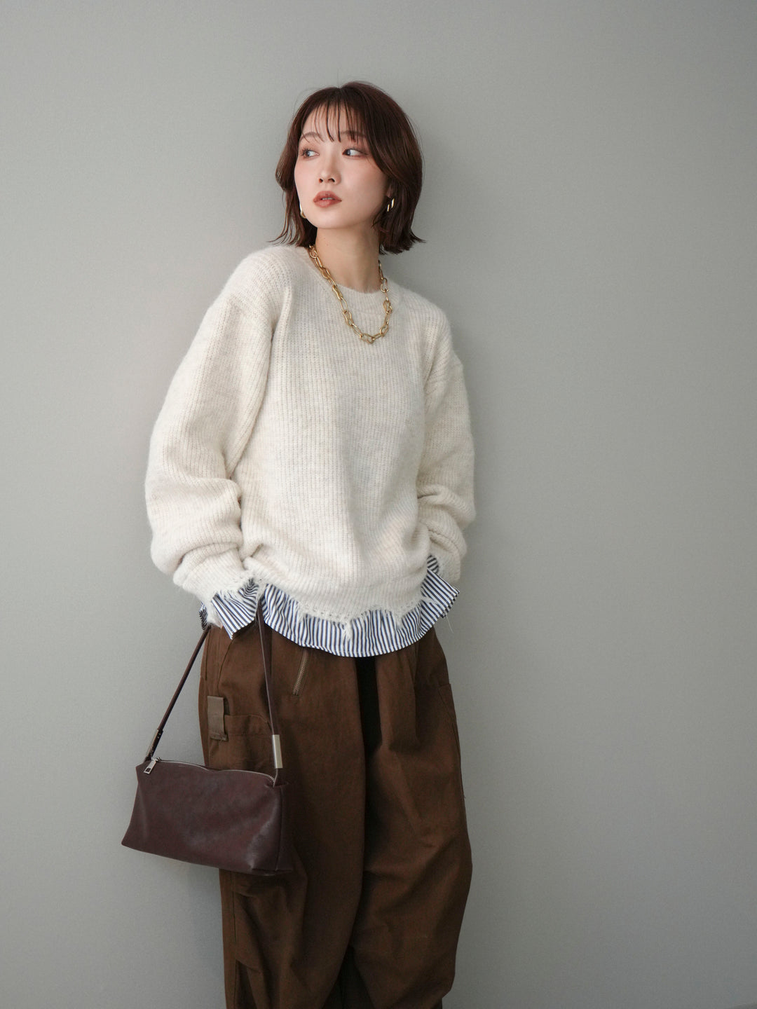 [SET]裾シャツレイヤードダメージニットプルオーバー+コットンタックループパンツ(2set)