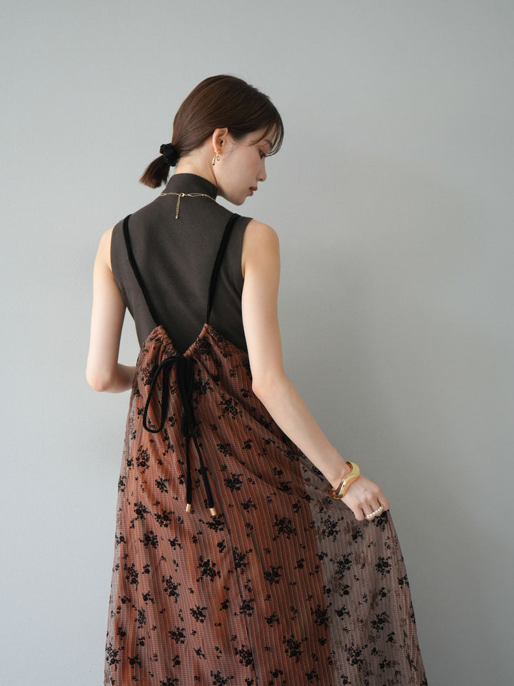 [SET]フロッキーチュールレイヤードベロアキャミワンピース+プチネックセンターシームノースリーニットトップス(2set)