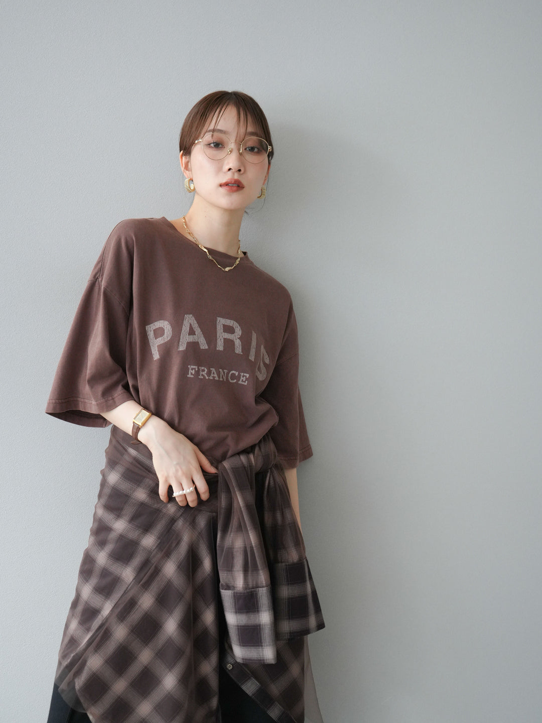 [SET]ピグメントロゴプリントTシャツ+2WAYデザインスウェットパンツ+チュールドッキングチェック柄オーバーサイズシャツ(3set)