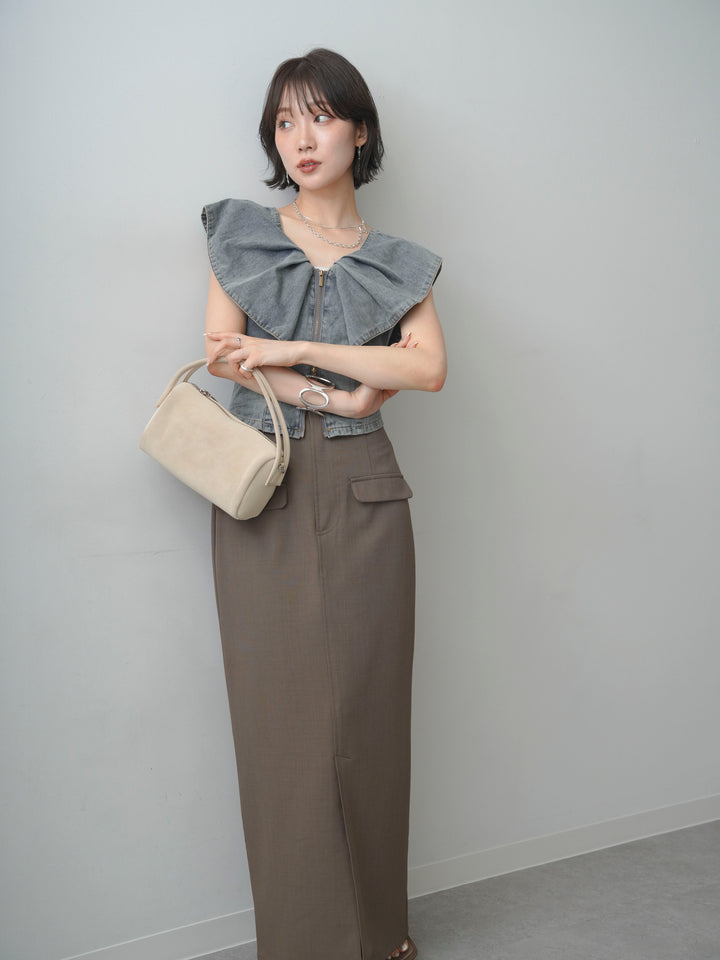[先行販売！]フロントジップフリルカラーデニムトップス+クレープデシンフラップ付きストレートスカート(2set)