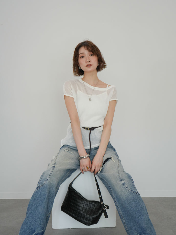 [予約]ベルト付アシメシアーニットトップス/white