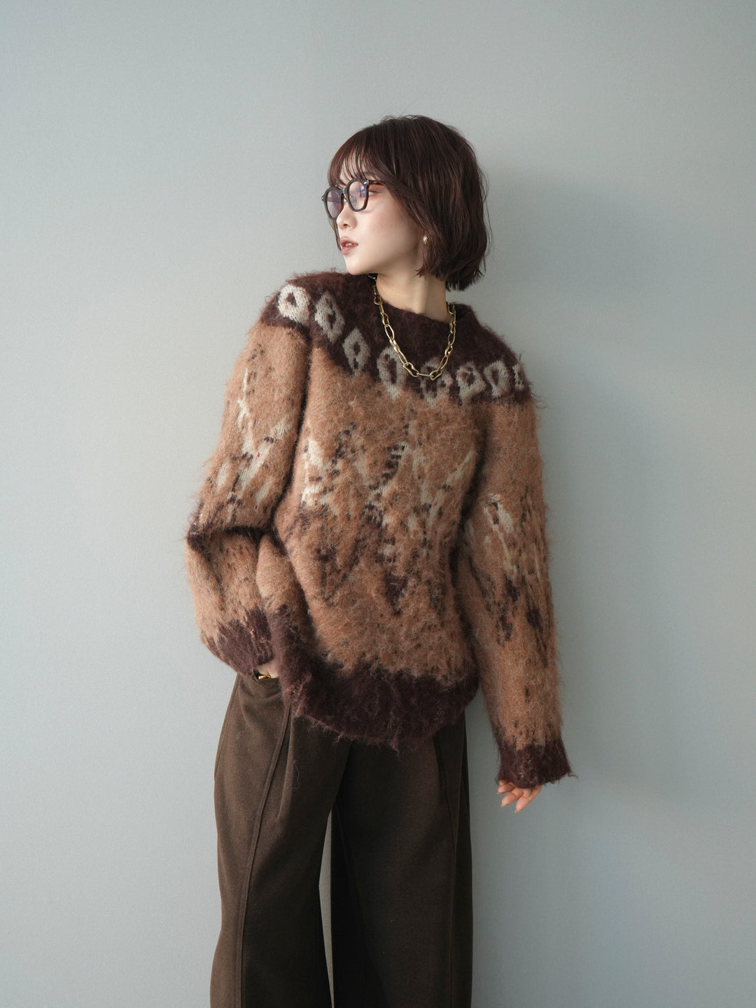 [予約]シャギーニュアンス柄ニットプルオーバー/brown