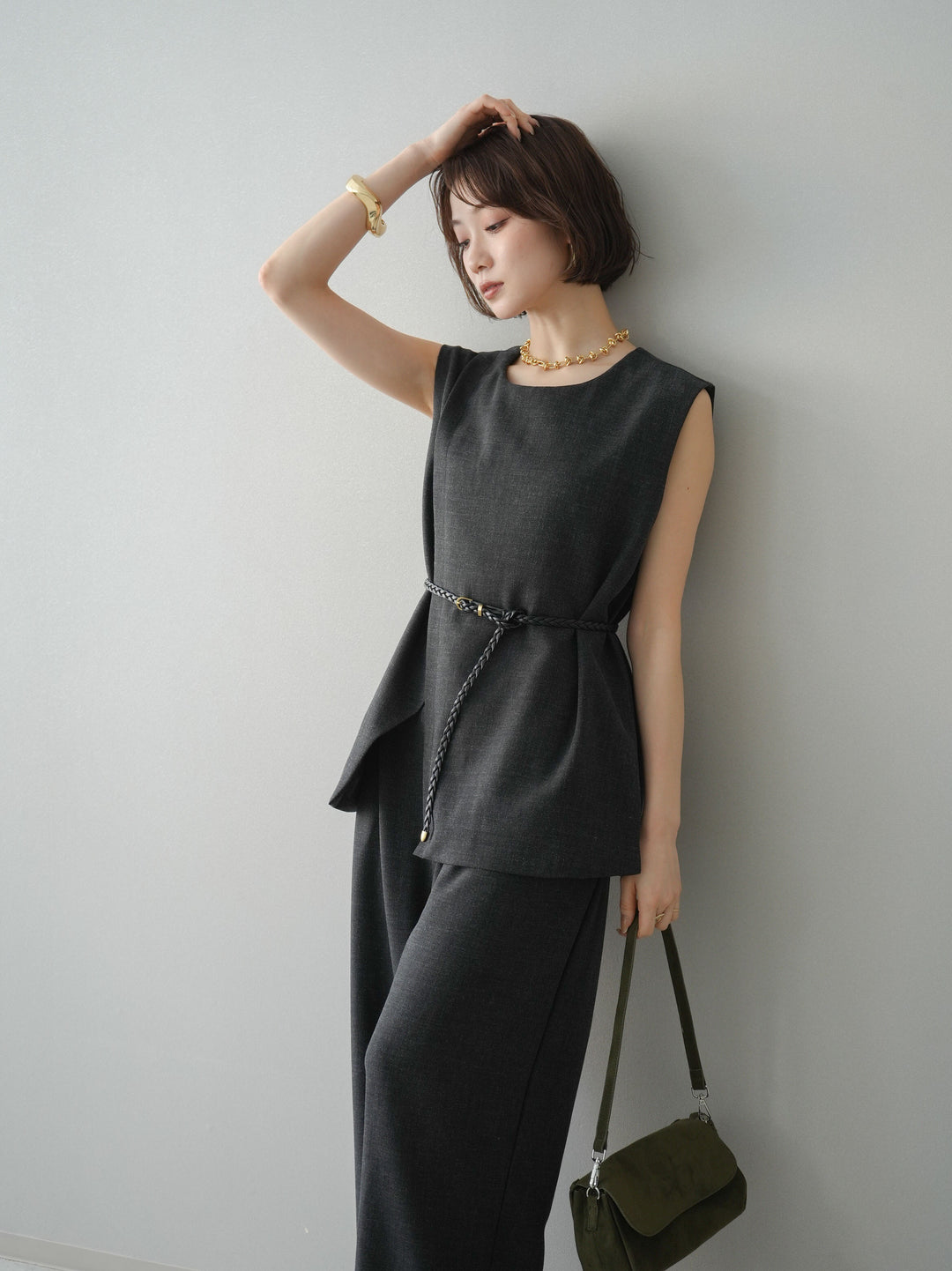 [SET]ベルト付ノースリーブトップス＆ワイドパンツSETUP