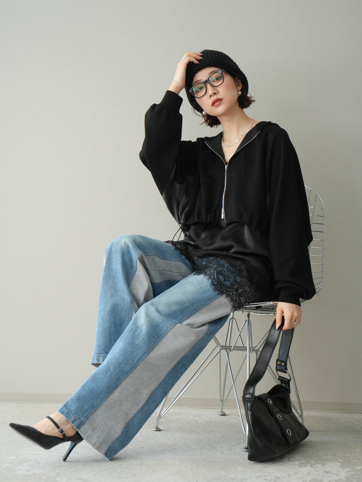 [予約]バイカラー異素材ライトポンチクロップドZIPフーディー/black