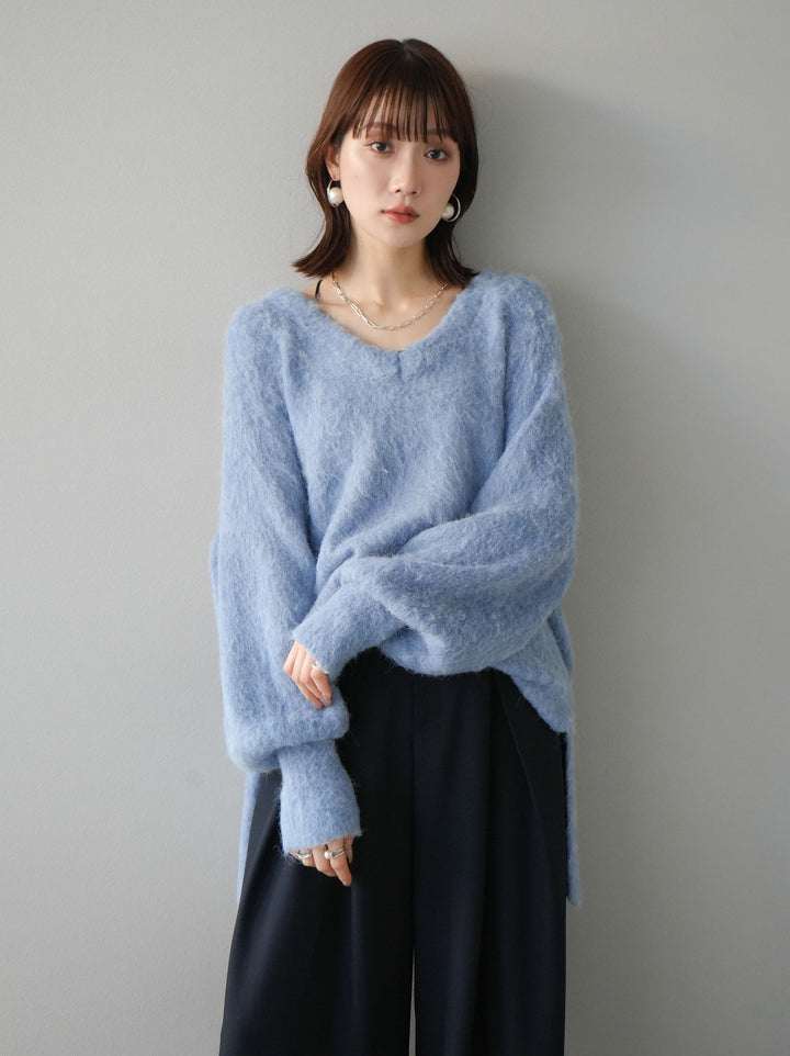 【預購】V領加大尺寸馬海毛針織套頭衫/藍
