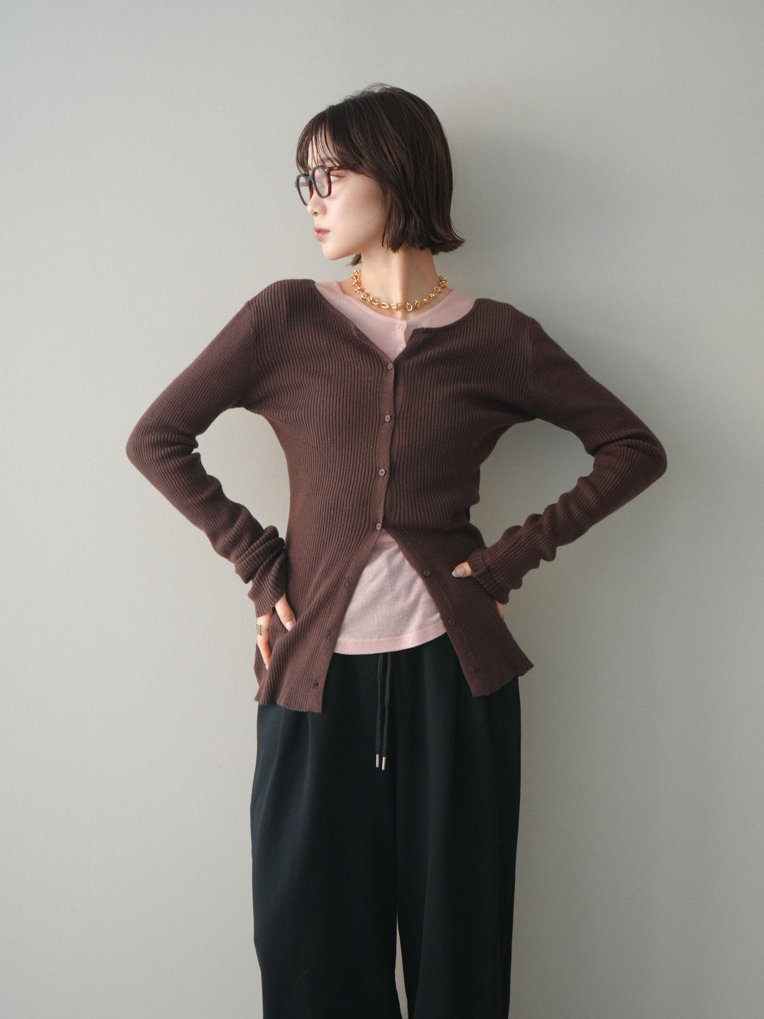 [予約]前後2WAYリブ編みクルーネックカーディガン/darkbrown