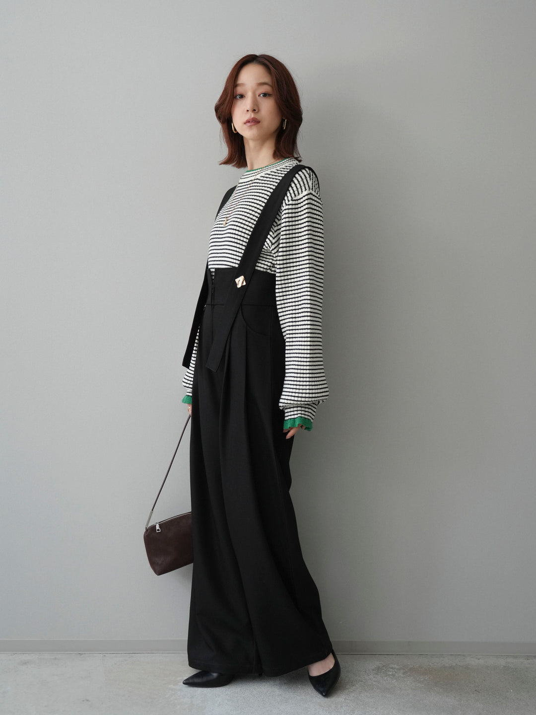 [SET]ラメ異素材ボーダーリブニットプルオーバー+ゴールドボタンサスペンダーワイドパンツ(2set)