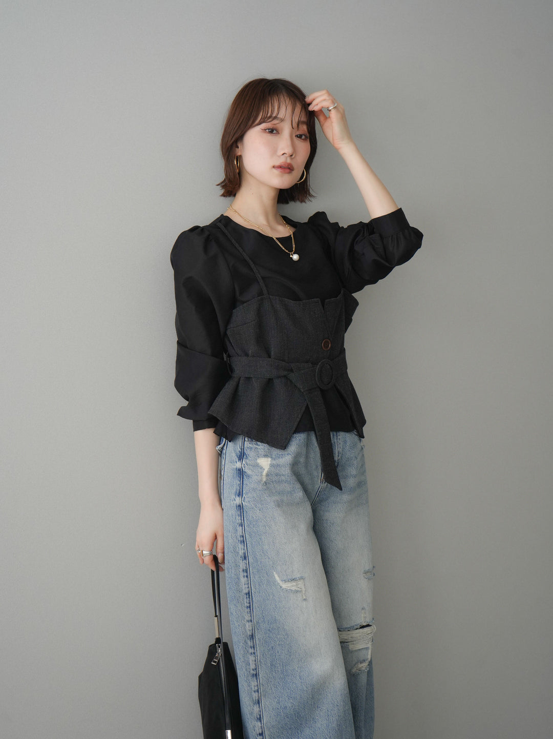 [SET]異素材ビスチェドッキングブラウス+ダメージデニムセミワイドパンツ(2set)
