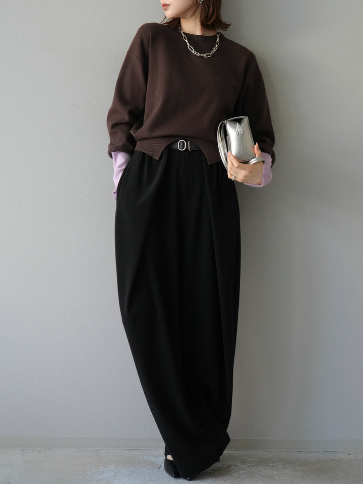 [予約]袖配色フロントスリットニットプルオーバー/ブラウン