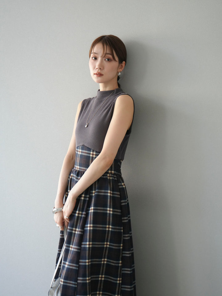 [SET]テレコ×チェックドッキングノースリワンピース+選べるアクセセット(2set)