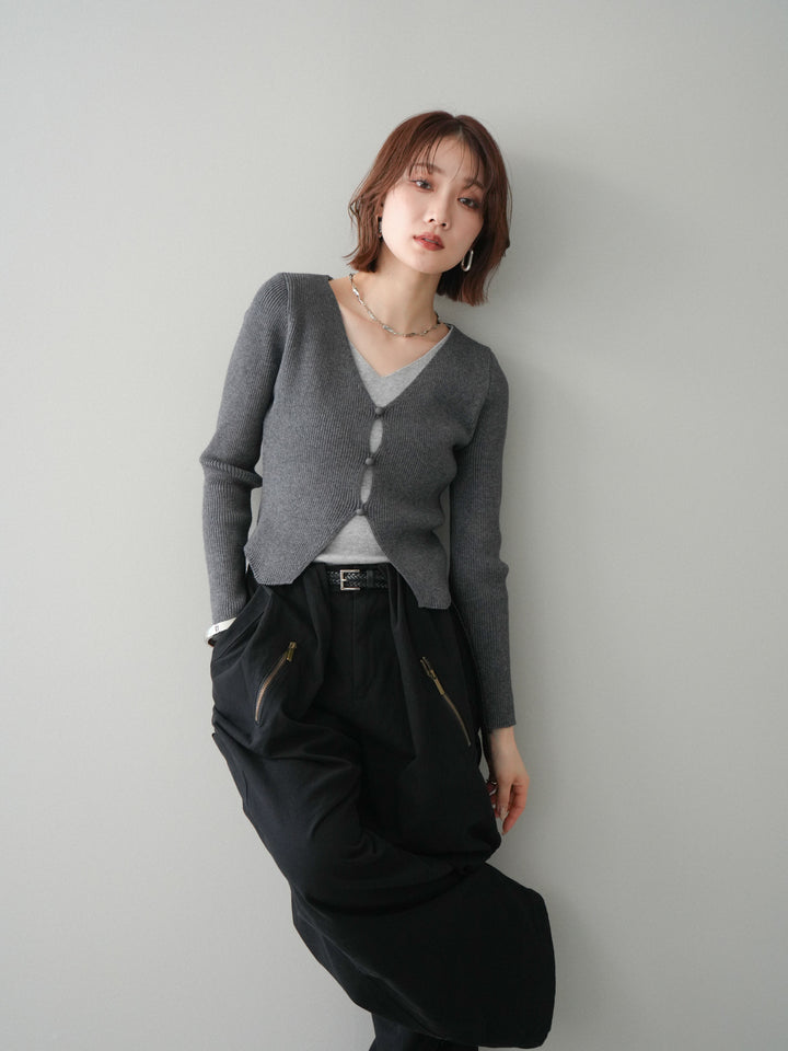 [SET]Vネック配色レイヤードスリットニットトップス+Vネック配色レイヤードスリットニットトップス(2set)