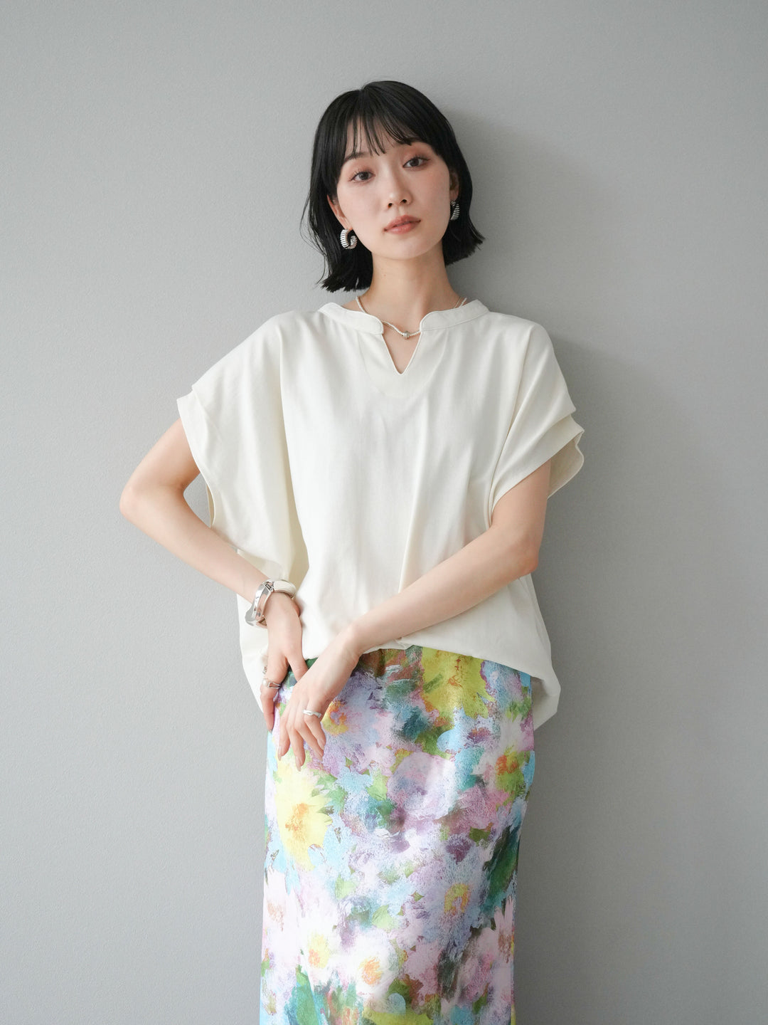 [予約]キーネックドルマンルーズコットンTシャツ/アイボリー