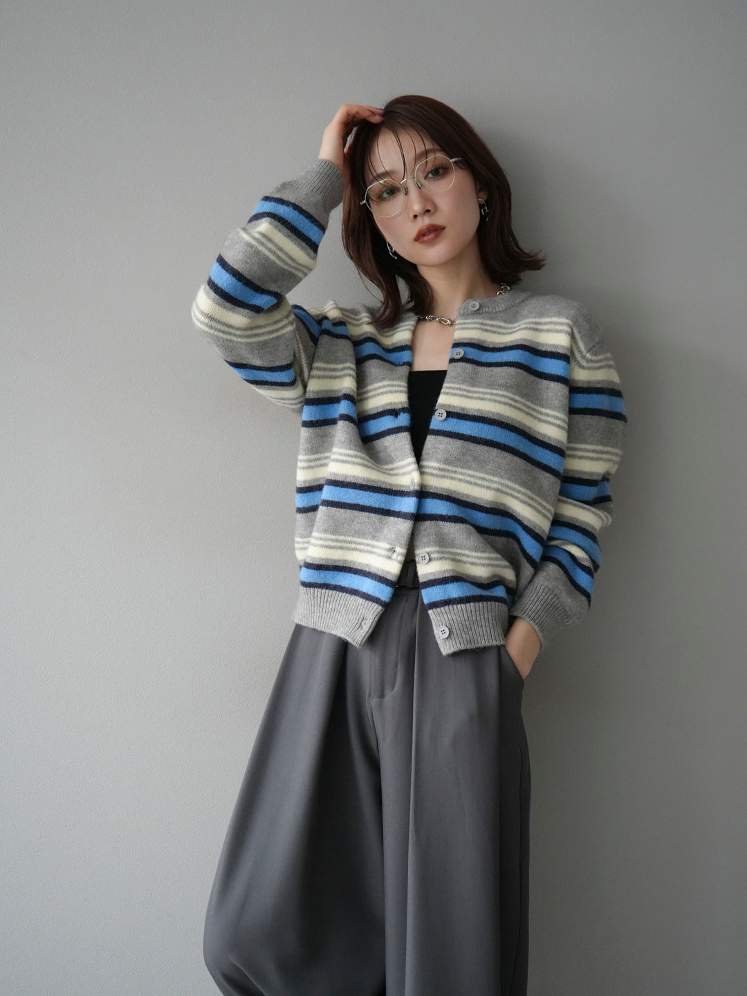 [SET]マルチボーダーニットカーディガン+選べるアクセセット(2set)