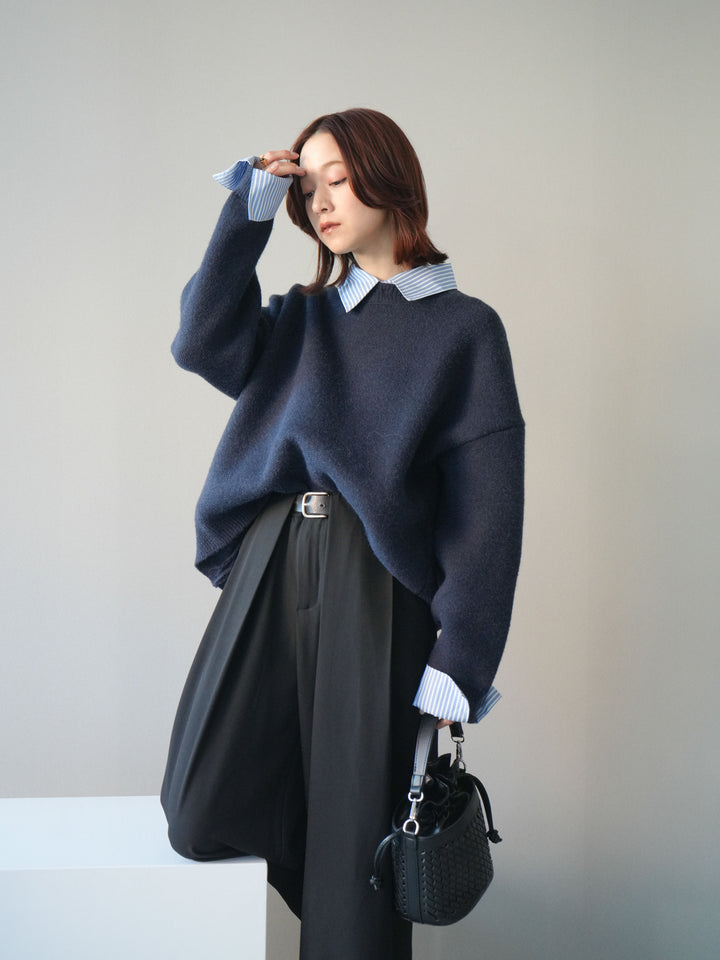 [SET]2WAYストライプ襟ニットプルオーバー+ベルトループデザインワイドパンツ(2set)