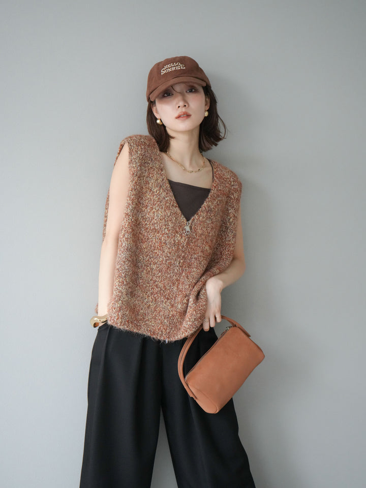 [予約]フロントZIPミックスニットベスト/キャメル