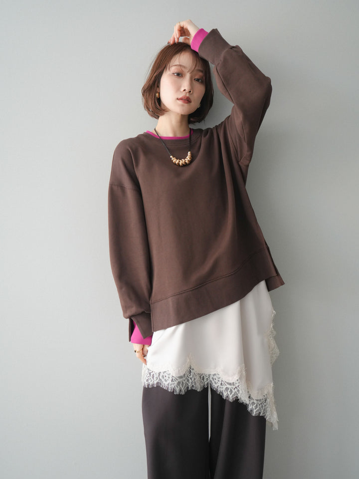 [SET]配色レイヤードデザインスエットプルオーバー+アシンメトリーサテンレースキャミソール(2set)