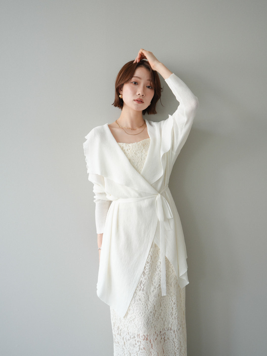 [SET]ドレープリブニットガウン+フルレースキャミ＆IラインスカートSET UP(2set)