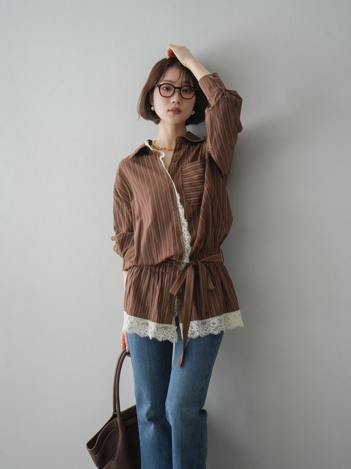 [SET]レース付ストライプウエストギャザーシャツ+フリンジデザインセミフレアデニム(2set)