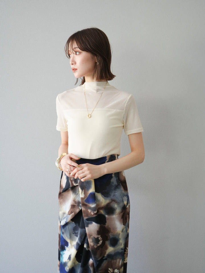[SET] 透視半袖上衣 + 水彩印花褶襉I字裙 (2set)