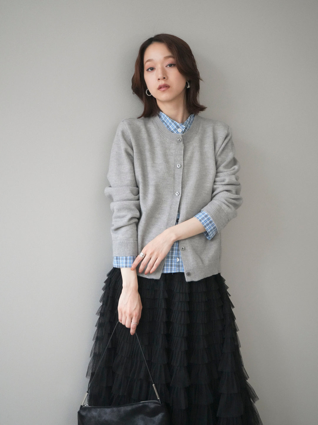 [予約]チェックシャツレイヤードデザインニットカーディガン/gray