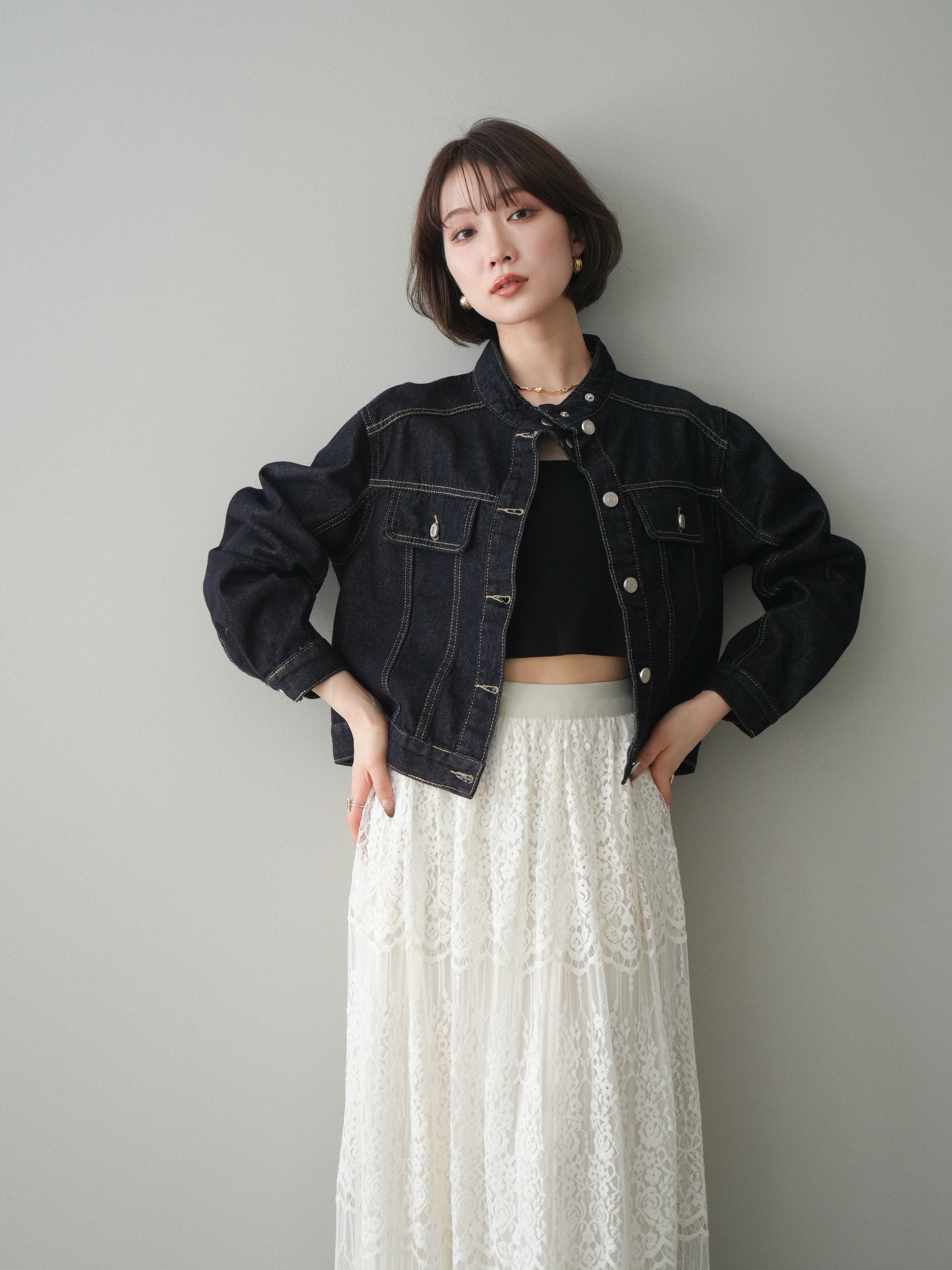 SET]スタンドカラーコンパクトデニムジャケット+スタンドカラー