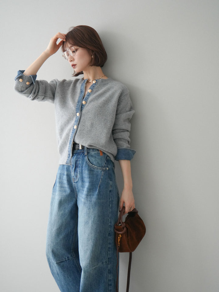 [SET]クルーネックデニムドッキングニットカーディガン+選べるアクセセット(2set)