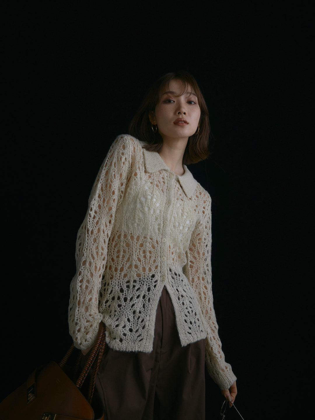 【Allure】[SET]ローゲージ透かし編みポロニッカーディガン+タフタワイドカーブパンツ(2set)