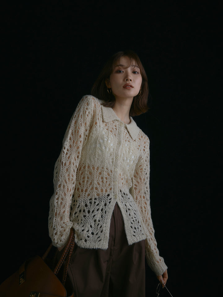 【Allure】[SET]ローゲージ透かし編みポロニッカーディガン+タフタワイドカーブパンツ(2set)