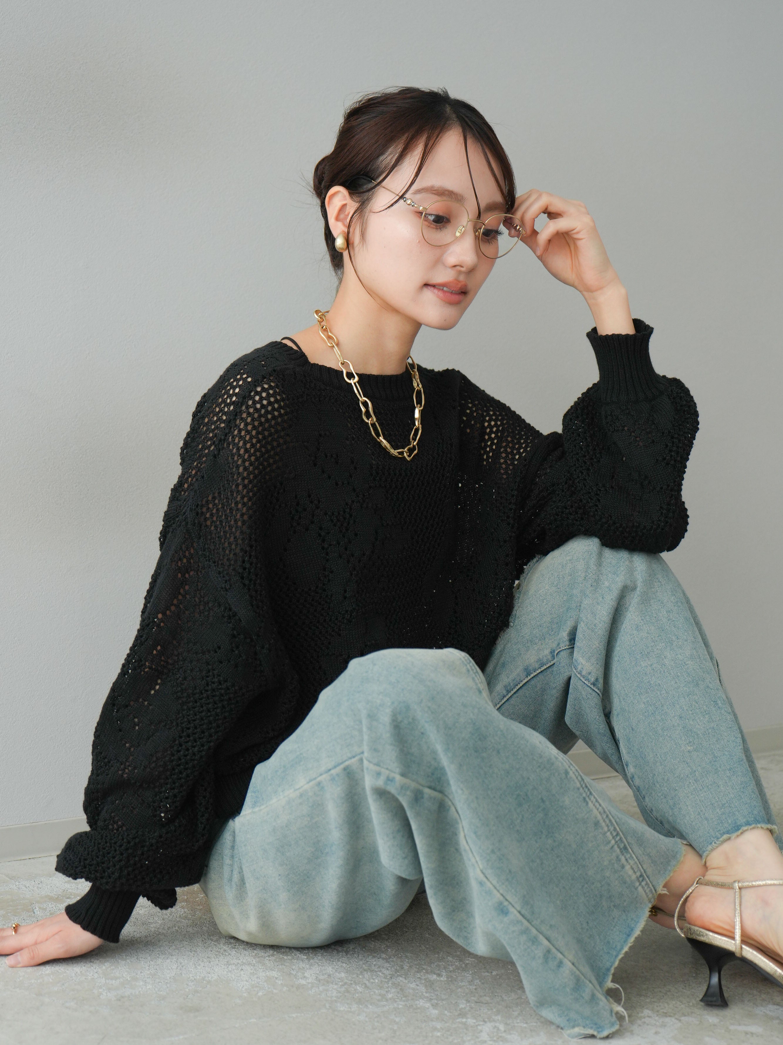 予約]透かし編みニットプルオーバー/ブラック – Lumier