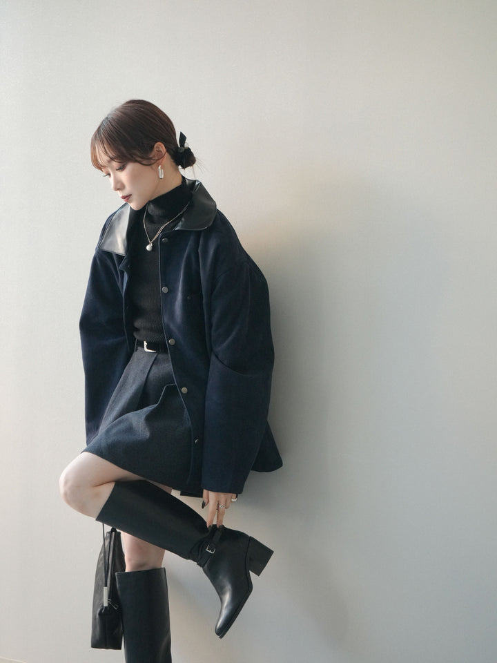 [SET]襟レザーステンカラースエードジャケット+袖ボタンボトルネックリブニットトップス(2set)