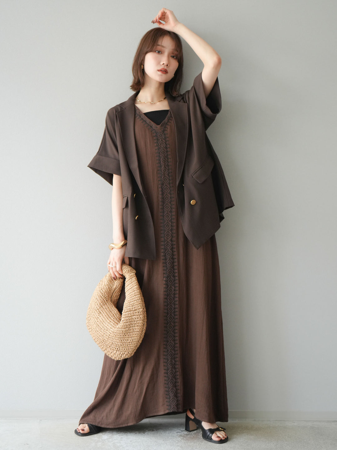 [予約]ゴールドボタンハーフジャケット/ブラウン