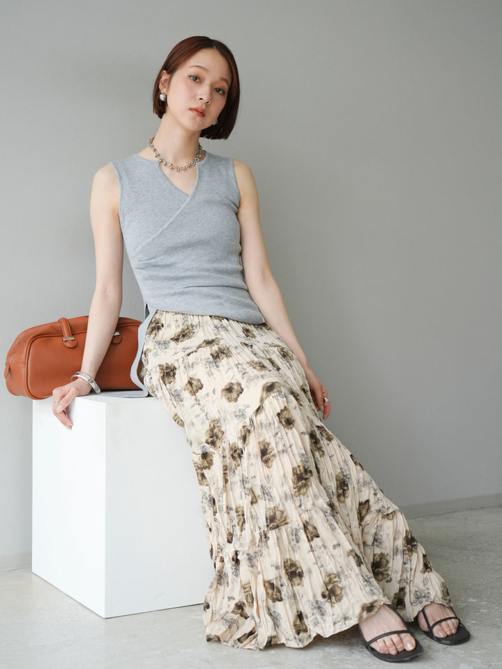 [SET]カシュクールノースリーブニットトップス+フラワーワッシャーロングスカート(2set)