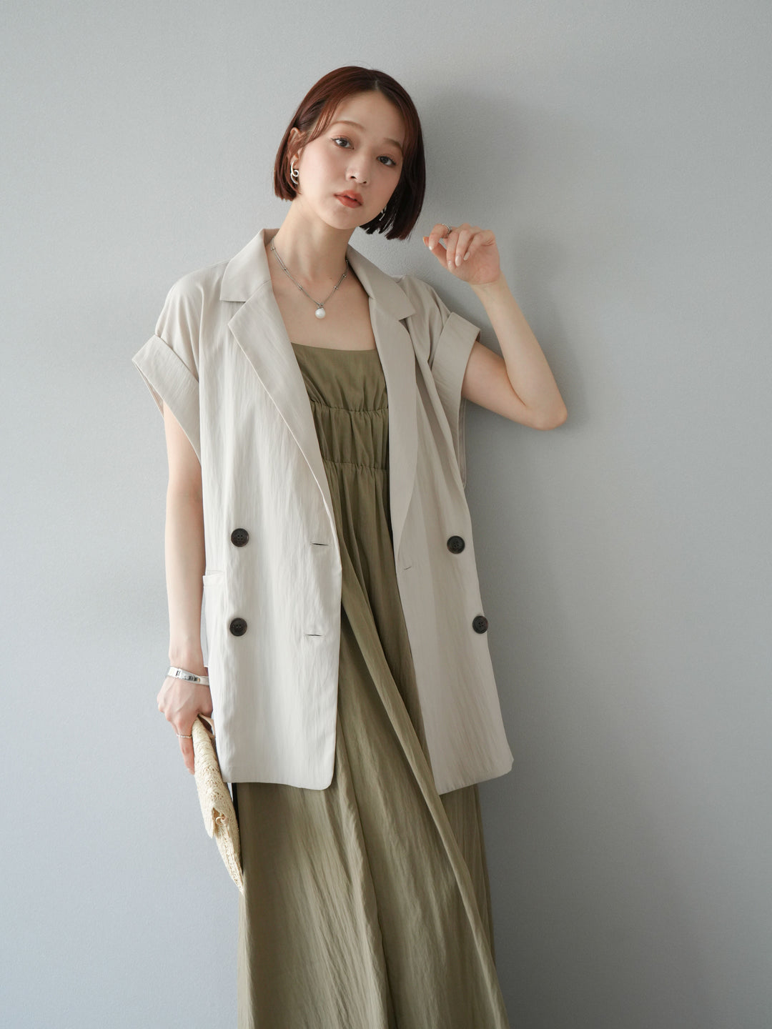 [SET]レーヨンシャーリングキャミワンピース+リネンライクノースリーブダブルジレ(2set)