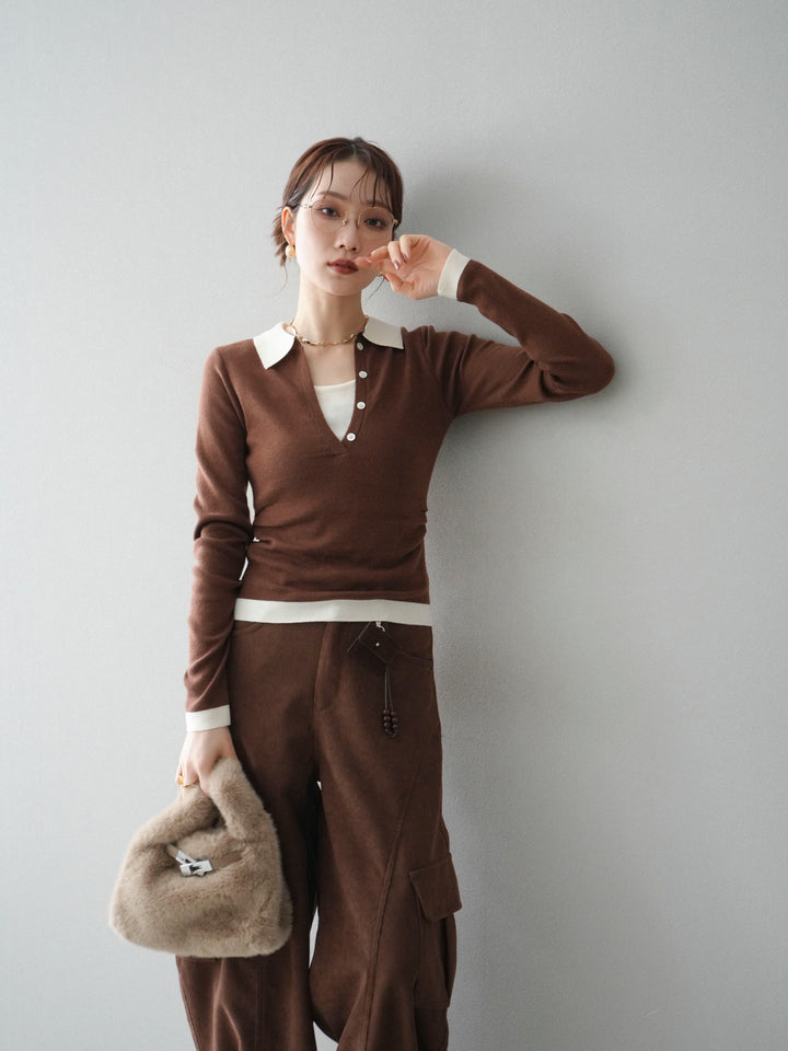 [予約]レイヤード配色ポロニットトップス/brown
