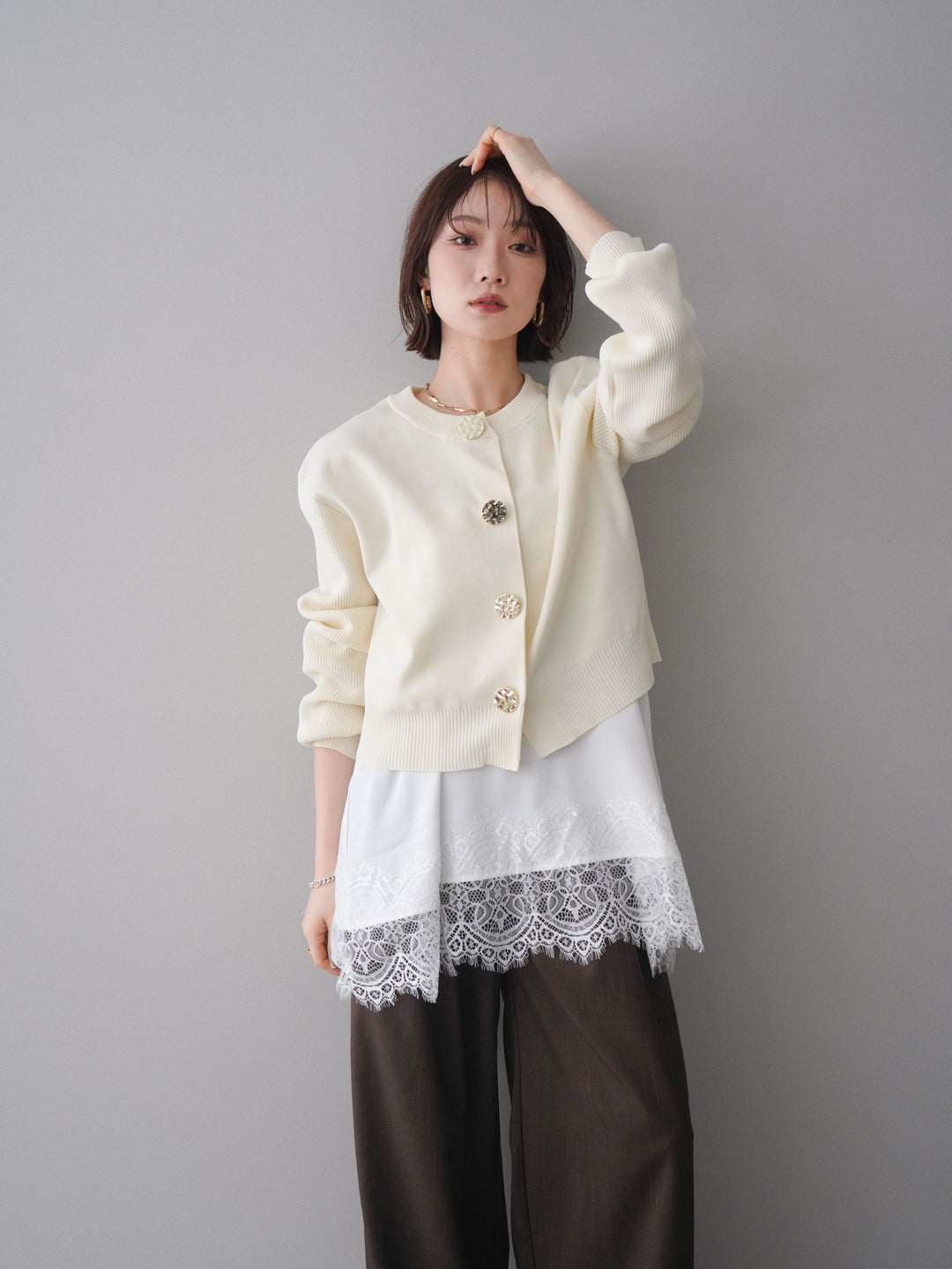 [SET]メタルボタンクルーネックニットカーディガン+選べるアクセセット(2set)