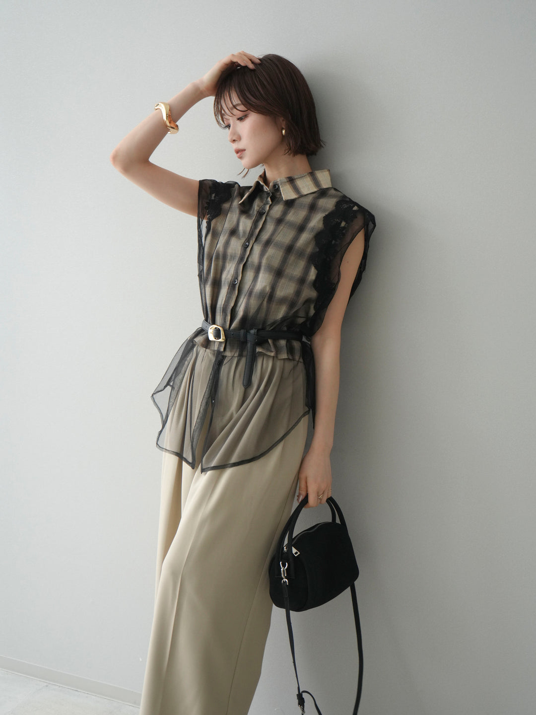 [予約]チュールドッキングチェックノースリブラウス/beige
