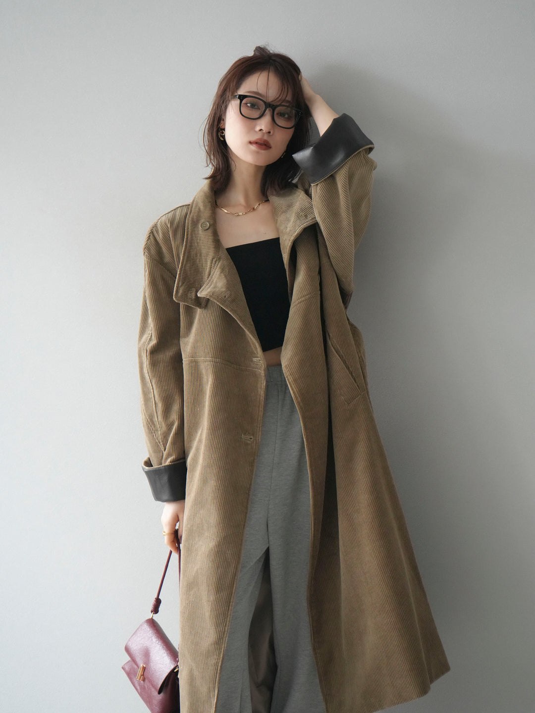 [予約]コーデュロイ折り返しレザーロングコート/beige