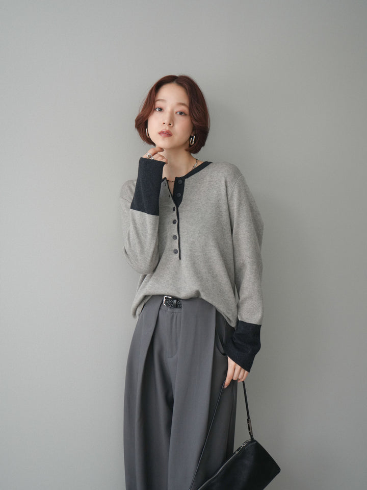 [SET]ヘンリーネック配色ニットソー+ベルトループデザインワイドパンツ(2set)
