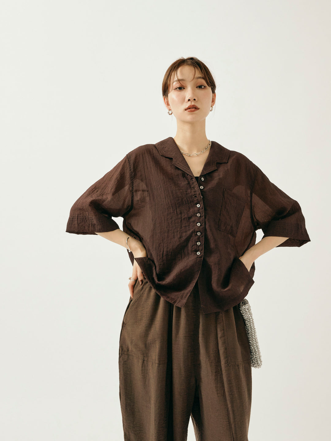 【Allure】[SET]シャイニースラブシアー開襟ハーフシャツ+リネンライクベイカーバルーンパンツ(2set)