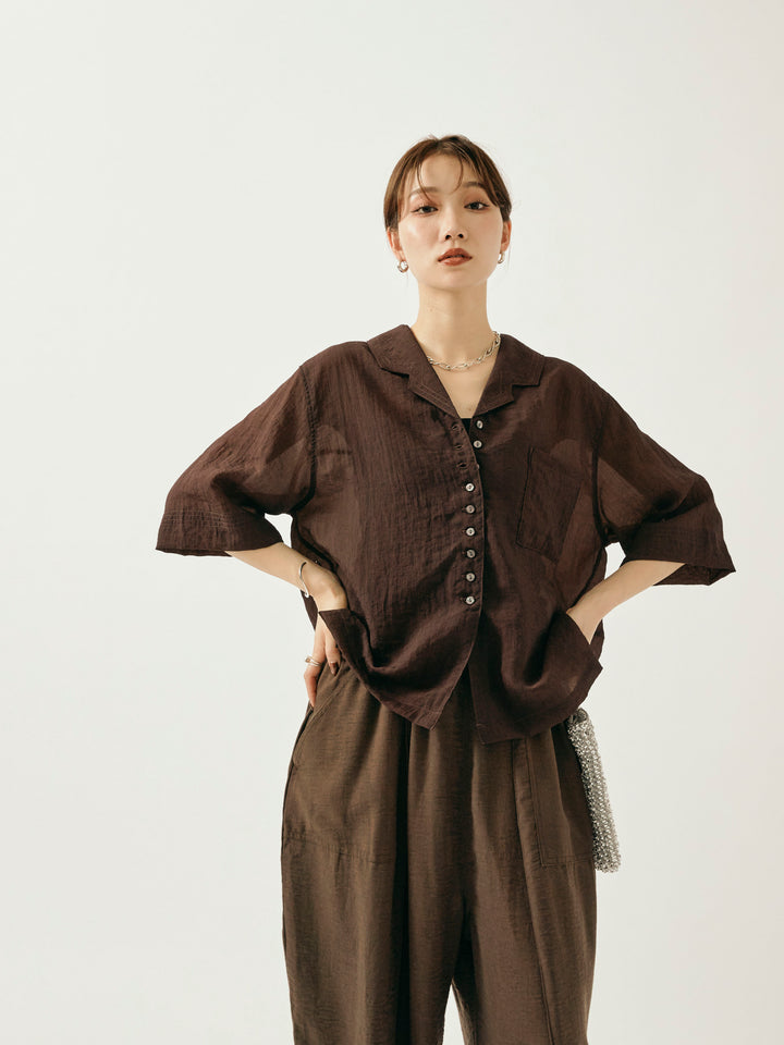 【Allure】[SET]シャイニースラブシアー開襟ハーフシャツ+リネンライクベイカーバルーンパンツ(2set)