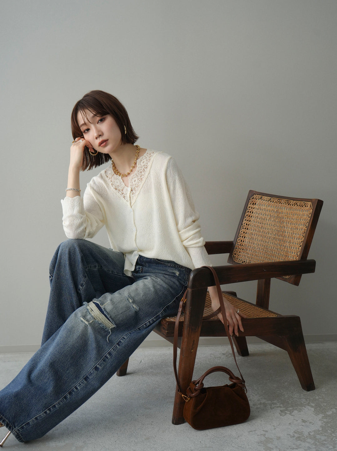 [SET]レースネックジャガードニットカーディガン+ダメージデニムセミワイドパンツ(2set)