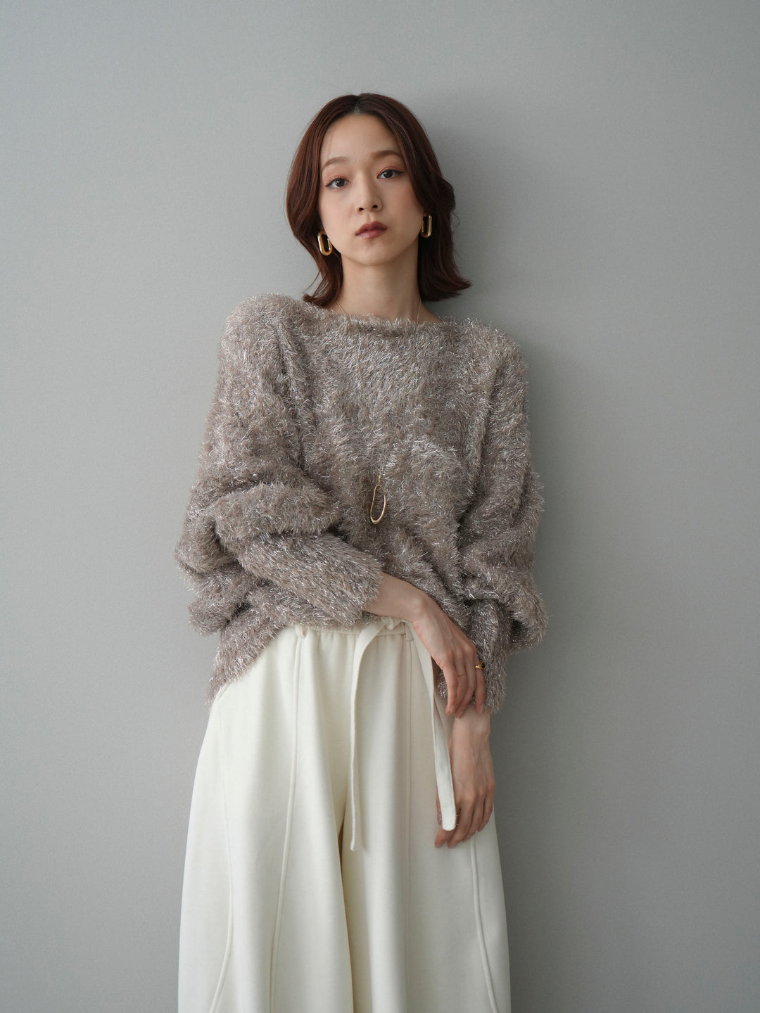 [予約]ラメシャギードルマンニットプルオーバー/beige