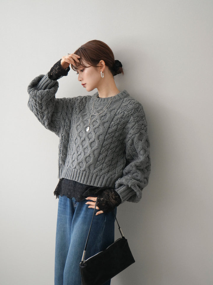 [予約]バルキーケーブルクロップドニットプルオーバー/charcoal