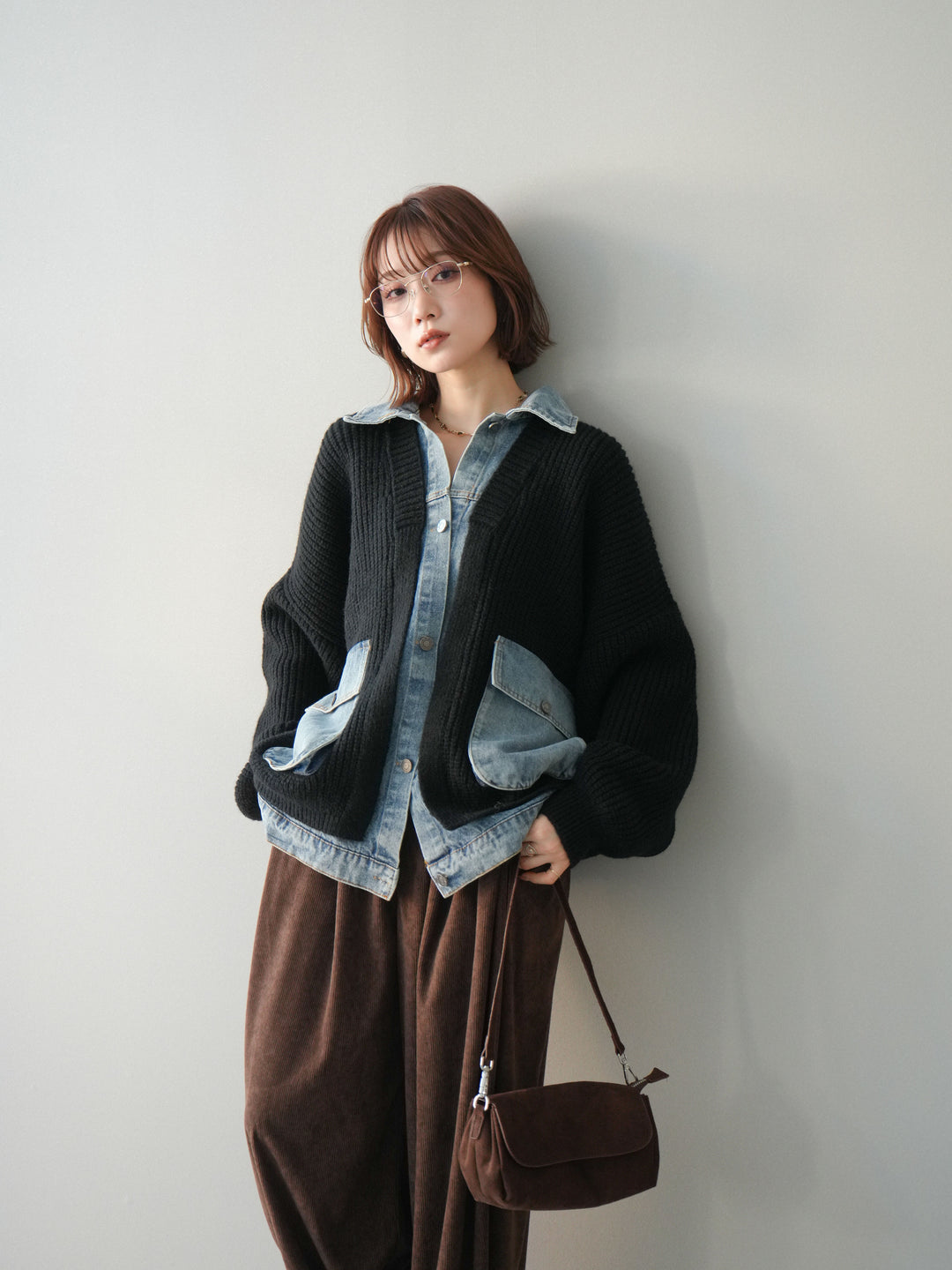 [SET]デニムドッキングオーバーニットジャケット+コーデュロイサイドタックコクーンパンツ(2set)