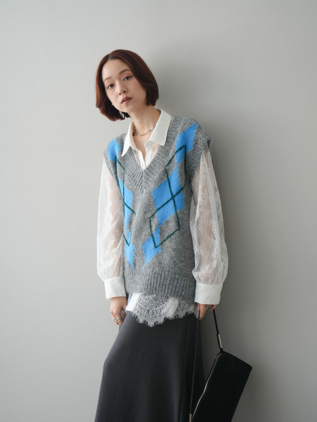 [SET]アーガイルVネックニットベスト+選べるアクセセット(2set)