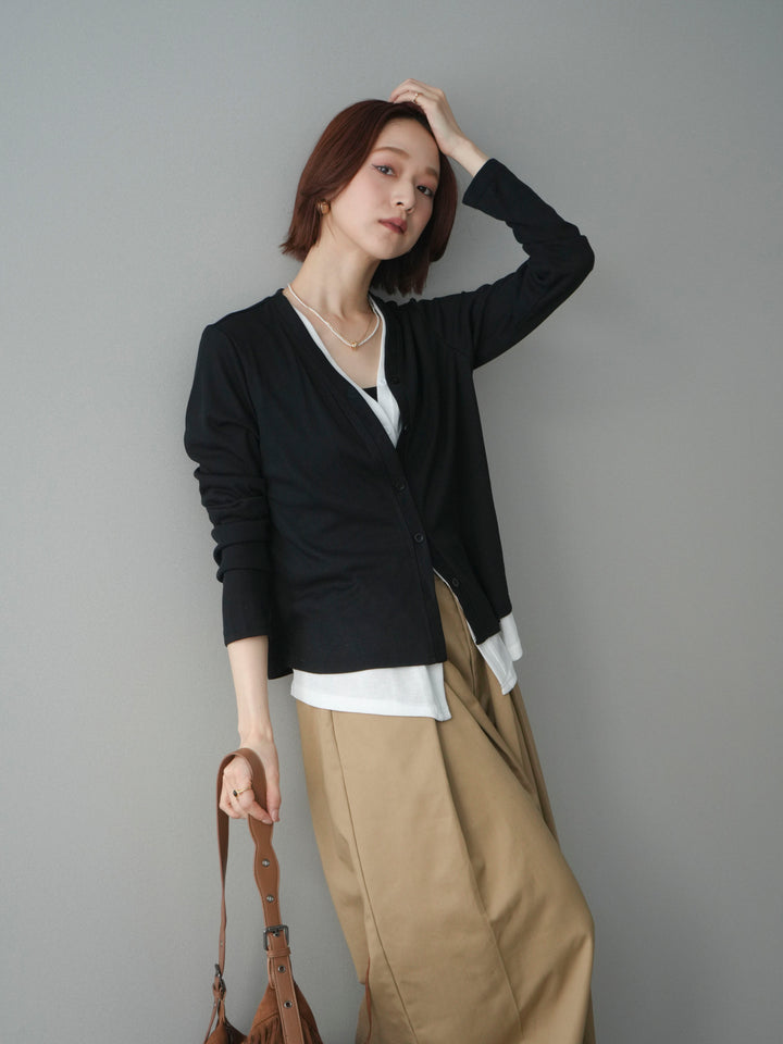 [予約]配色レイヤードカットリブカーディガン/black